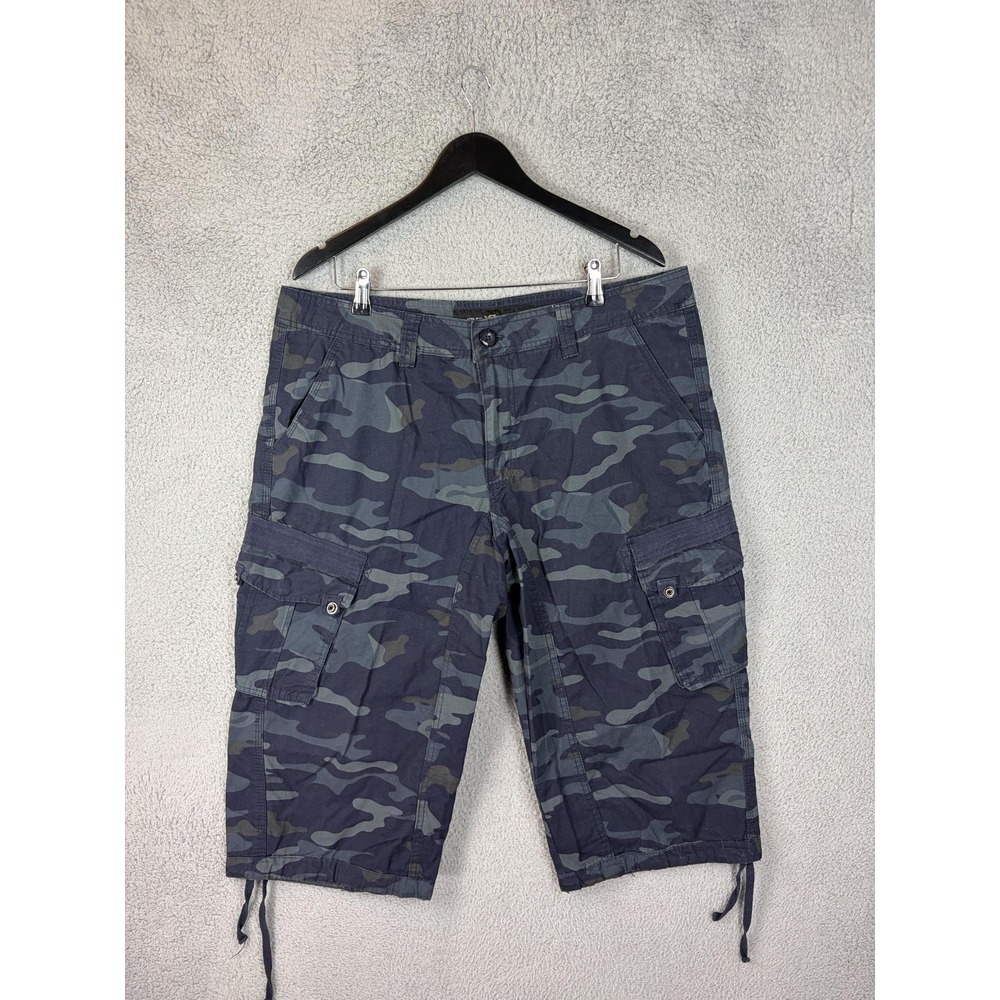 XRAY Jeans Cargo Shorts Mens 38 Blue Camouflage Drawstring Cotton Relaxed Fit